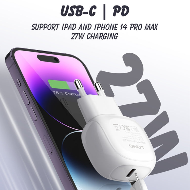 LDNIO A1206C PD27W USB-C / Type-C Fast Charger with 1m 8 Pin Cable, Plug Type:EU Plug(White) - free shipping - PMC Jewellery - Order now!