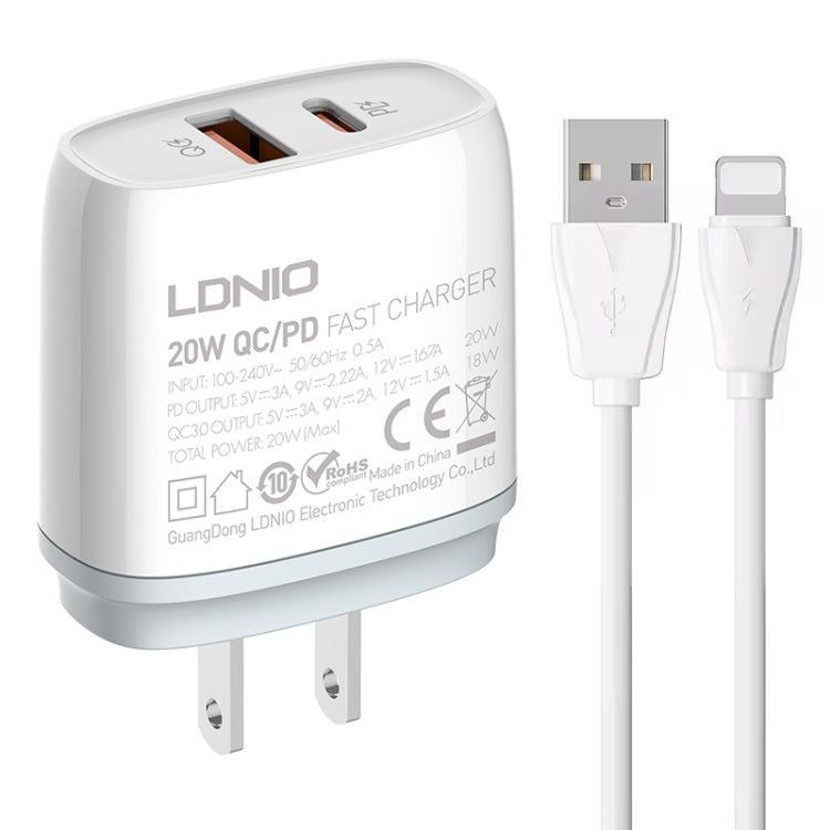 LDNIO Q229 QC3.0 / PD20W USB + Type-C Fast Charger with 1m USB to 8 Pin Cable, Plug Type:US Plug(White) - USB Charger by LDNIO | Online Shopping South Africa | PMC Jewellery | Buy Now Pay Later Mobicred