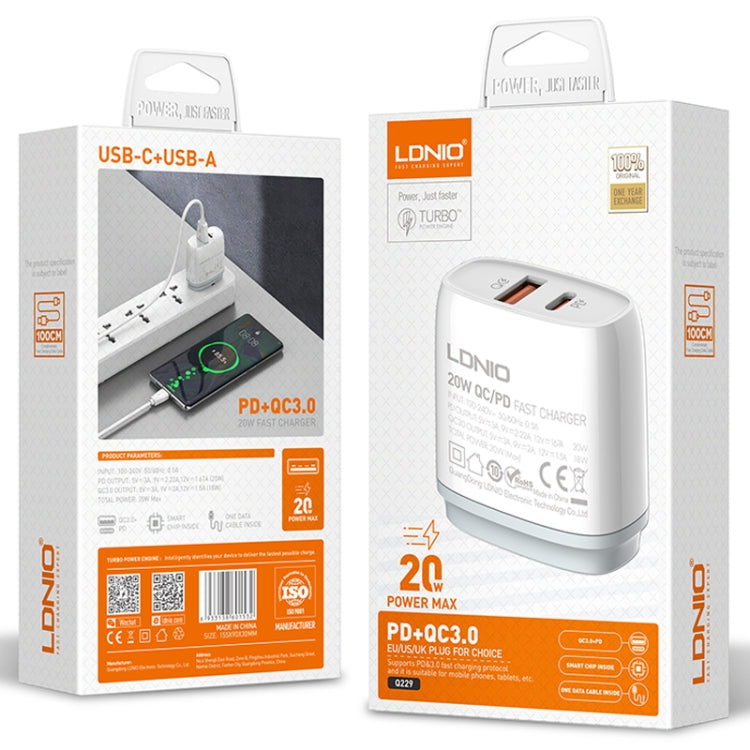 LDNIO Q229 QC3.0 / PD20W USB + Type-C Fast Charger with 1m USB to 8 Pin Cable, Plug Type:US Plug(White) - USB Charger by LDNIO | Online Shopping South Africa | PMC Jewellery | Buy Now Pay Later Mobicred