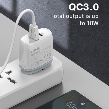 LDNIO Q229 QC3.0 / PD20W USB + Type-C Fast Charger with 1m USB to 8 Pin Cable, Plug Type:EU Plug(White) - USB Charger by LDNIO | Online Shopping South Africa | PMC Jewellery | Buy Now Pay Later Mobicred