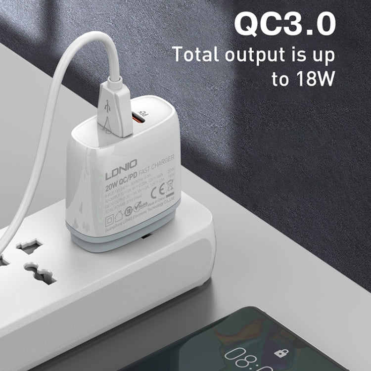 LDNIO Q229 QC3.0 / PD20W USB + Type-C Fast Charger with 1m USB to Type-C Cable, Plug Type:EU Plug(White) - USB Charger by LDNIO | Online Shopping South Africa | PMC TechLife | Buy Now Pay Later Mobicred