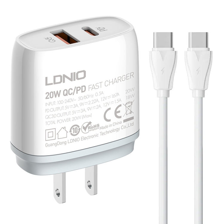 LDNIO Q229 QC3.0 / PD20W USB + Type-C Fast Charger with 1m Type-C to Type-C Cable, Plug Type:US Plug(White) - free shipping - PMC TechLife - Order now!