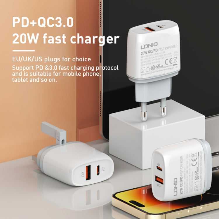 LDNIO Q229 QC3.0 / PD20W USB + Type-C Fast Charger with 1m Type-C to Type-C Cable, Plug Type:US Plug(White) - free shipping - PMC TechLife - Order now!