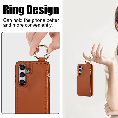 For Samsung Galaxy S24 5G RFlD Anti-theft Double Buckle Ring Zipper Card Phone Case(Brown) - Galaxy S24 5G Cases by PMC Jewellery | Online Shopping South Africa | PMC Jewellery | Buy Now Pay Later Mobicred