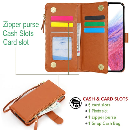 For Samsung Galaxy S24 5G Wristband Holder Zipper Purse RFID Leather Phone Case(Brown) - Galaxy S24 5G Cases by PMC Jewellery | Online Shopping South Africa | PMC Jewellery | Buy Now Pay Later Mobicred