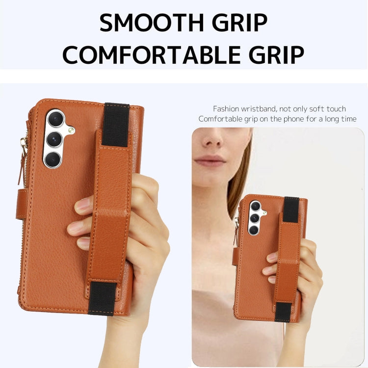 For Samsung Galaxy S24 5G Wristband Holder Zipper Purse RFID Leather Phone Case(Brown) - Galaxy S24 5G Cases by PMC Jewellery | Online Shopping South Africa | PMC Jewellery | Buy Now Pay Later Mobicred