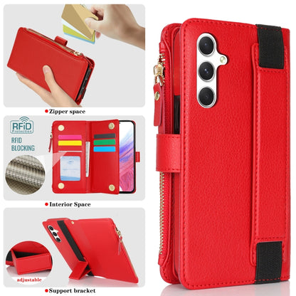 For Samsung Galaxy S24 5G Wristband Holder Zipper Purse RFID Leather Phone Case(Red) - Galaxy S24 5G Cases by PMC Jewellery | Online Shopping South Africa | PMC Jewellery | Buy Now Pay Later Mobicred