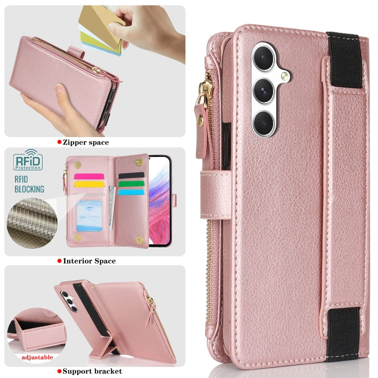 For Samsung Galaxy S24 5G Wristband Holder Zipper Purse RFID Leather Phone Case(Rose Gold) - free shipping - PMC Jewellery - Order now!