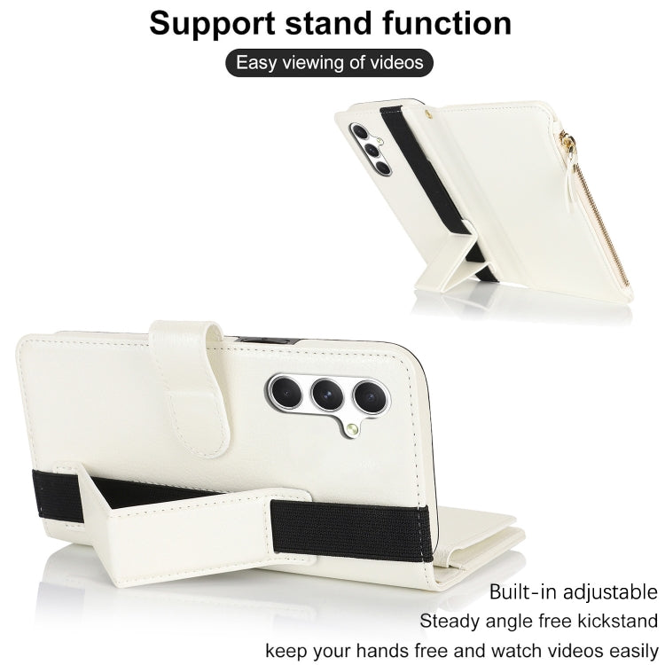 For Samsung Galaxy S24 5G Wristband Holder Zipper Purse RFID Leather Phone Case(White) - free shipping - PMC Jewellery - Order now!