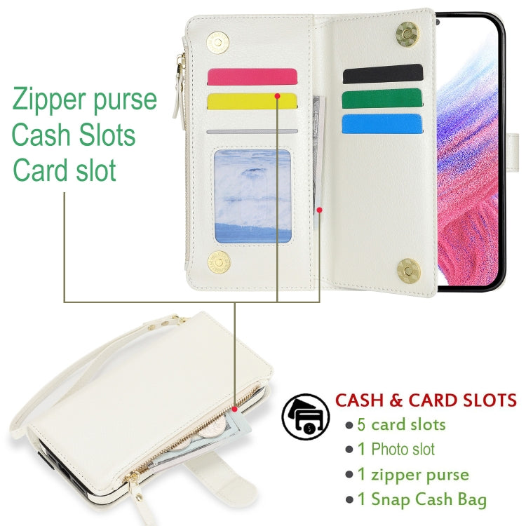 For Samsung Galaxy S24 5G Wristband Holder Zipper Purse RFID Leather Phone Case(White) - Galaxy S24 5G Cases by PMC Jewellery | Online Shopping South Africa | PMC Jewellery | Buy Now Pay Later Mobicred