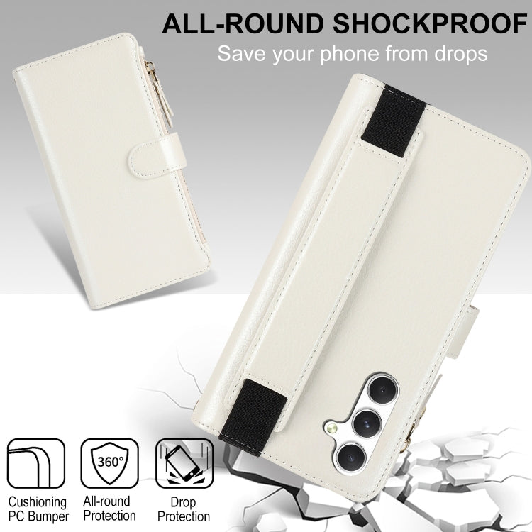 For Samsung Galaxy S24 5G Wristband Holder Zipper Purse RFID Leather Phone Case(White) - free shipping - PMC Jewellery - Order now!