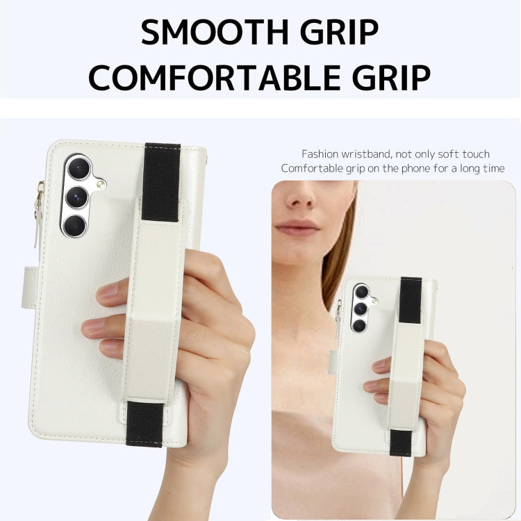 For Samsung Galaxy S24 5G Wristband Holder Zipper Purse RFID Leather Phone Case(White) - free shipping - PMC Jewellery - Order now!