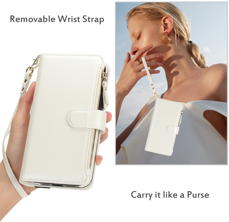 For Samsung Galaxy S24 5G Wristband Holder Zipper Purse RFID Leather Phone Case(White) - Galaxy S24 5G Cases by PMC Jewellery | Online Shopping South Africa | PMC Jewellery | Buy Now Pay Later Mobicred