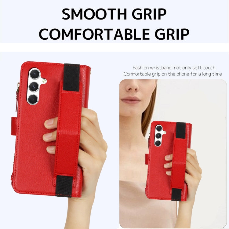 For Samsung Galaxy S24+ 5G Wristband Holder Zipper Purse RFID Leather Phone Case(Red) - Galaxy S24+ 5G Cases by PMC Jewellery | Online Shopping South Africa | PMC Jewellery | Buy Now Pay Later Mobicred