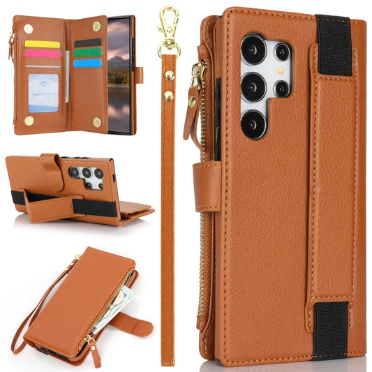 For Samsung Galaxy S24 Ultra 5G Wristband Holder Zipper Purse RFID Leather Phone Case(Brown) - Galaxy S24 Ultra 5G Cases by PMC Jewellery | Online Shopping South Africa | PMC Jewellery | Buy Now Pay Later Mobicred