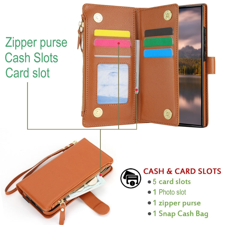 For Samsung Galaxy S24 Ultra 5G Wristband Holder Zipper Purse RFID Leather Phone Case(Brown) - Galaxy S24 Ultra 5G Cases by PMC Jewellery | Online Shopping South Africa | PMC Jewellery | Buy Now Pay Later Mobicred