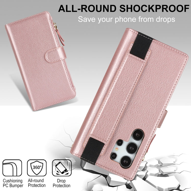 For Samsung Galaxy S24 Ultra 5G Wristband Holder Zipper Purse RFID Leather Phone Case(Rose Gold) - Galaxy S24 Ultra 5G Cases by PMC Jewellery | Online Shopping South Africa | PMC Jewellery | Buy Now Pay Later Mobicred