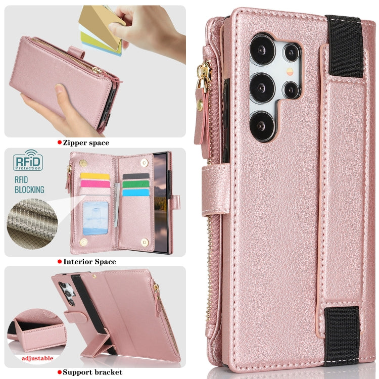 For Samsung Galaxy S24 Ultra 5G Wristband Holder Zipper Purse RFID Leather Phone Case(Rose Gold) - Galaxy S24 Ultra 5G Cases by PMC Jewellery | Online Shopping South Africa | PMC Jewellery | Buy Now Pay Later Mobicred