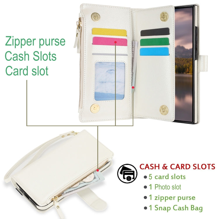 For Samsung Galaxy S24 Ultra 5G Wristband Holder Zipper Purse RFID Leather Phone Case(White) - Galaxy S24 Ultra 5G Cases by PMC Jewellery | Online Shopping South Africa | PMC Jewellery | Buy Now Pay Later Mobicred