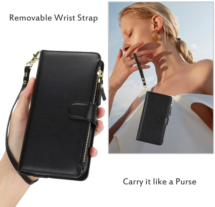 For iPhone 16 Wristband Holder Zipper Purse RFID Leather Phone Case(Black) - iPhone 16 Cases by PMC TechLife | Online Shopping South Africa | PMC TechLife | Buy Now Pay Later Mobicred