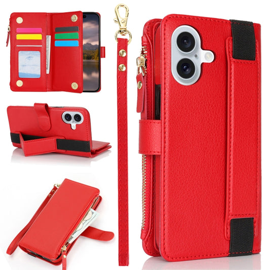 For iPhone 16 Plus Wristband Holder Zipper Purse RFID Leather Phone Case(Red) - iPhone 16 Plus Cases by PMC Jewellery | Online Shopping South Africa | PMC Jewellery | Buy Now Pay Later Mobicred