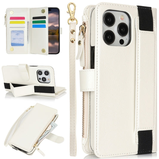 For iPhone 16 Pro Wristband Holder Zipper Purse RFID Leather Phone Case(White) - iPhone 16 Pro Cases by PMC Jewellery | Online Shopping South Africa | PMC Jewellery | Buy Now Pay Later Mobicred