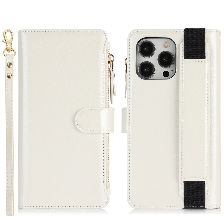 For iPhone 16 Pro Wristband Holder Zipper Purse RFID Leather Phone Case(White) - iPhone 16 Pro Cases by PMC Jewellery | Online Shopping South Africa | PMC Jewellery | Buy Now Pay Later Mobicred