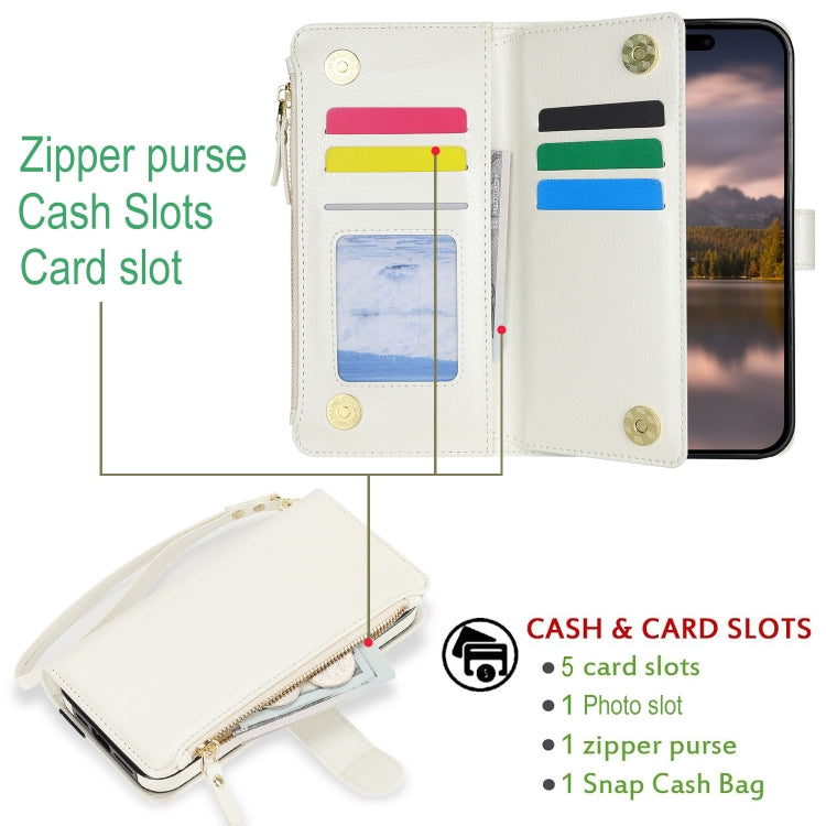 For iPhone 16 Pro Wristband Holder Zipper Purse RFID Leather Phone Case(White) - iPhone 16 Pro Cases by PMC Jewellery | Online Shopping South Africa | PMC Jewellery | Buy Now Pay Later Mobicred