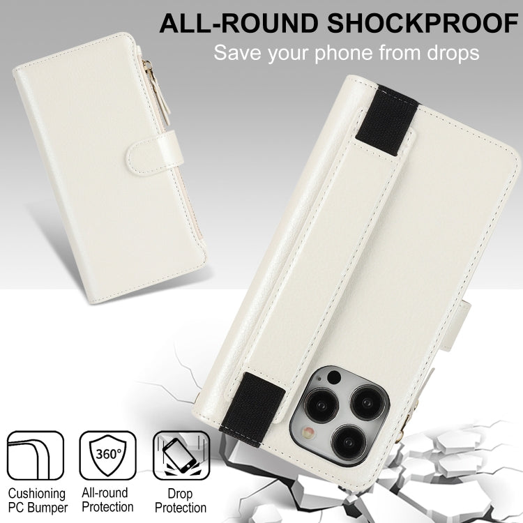 For iPhone 16 Pro Wristband Holder Zipper Purse RFID Leather Phone Case(White) - iPhone 16 Pro Cases by PMC TechLife | Online Shopping South Africa | PMC TechLife | Buy Now Pay Later Mobicred