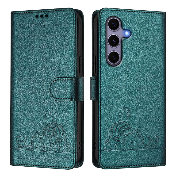 For Samsung Galaxy S25 5G Cat Rat Embossed RFID Leather Phone Case with Lanyard(Peacock Green) - Galaxy S25 5G Cases by PMC TechLife | Online Shopping South Africa | PMC TechLife | Buy Now Pay Later Mobicred