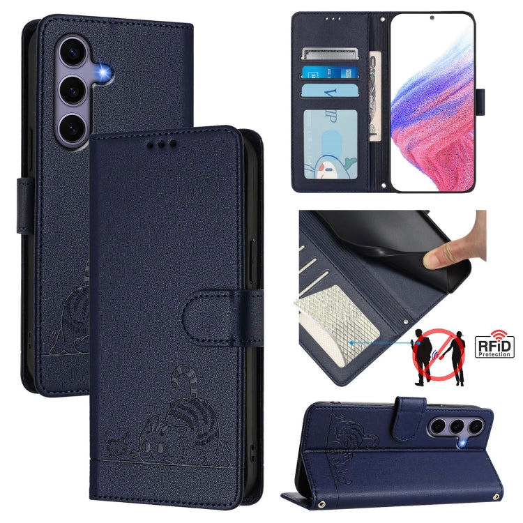 For Samsung Galaxy S25 5G Cat Rat Embossed RFID Leather Phone Case with Lanyard(Blue) - Galaxy S25 5G Cases by PMC TechLife | Online Shopping South Africa | PMC TechLife | Buy Now Pay Later Mobicred