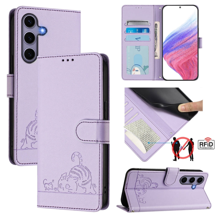 For Samsung Galaxy S25 5G Cat Rat Embossed RFID Leather Phone Case with Lanyard(Purple) - free shipping - PMC TechLife - Order now!