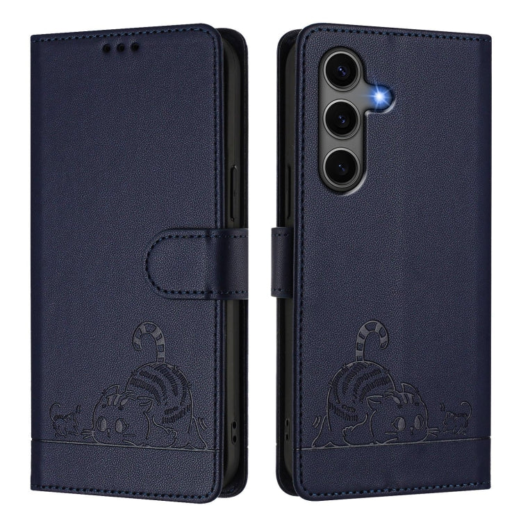 For Samsung Galaxy S25+ 5G Cat Rat Embossed RFID Leather Phone Case with Lanyard(Blue) - Galaxy S25+ 5G Cases by PMC Jewellery | Online Shopping South Africa | PMC Jewellery | Buy Now Pay Later Mobicred