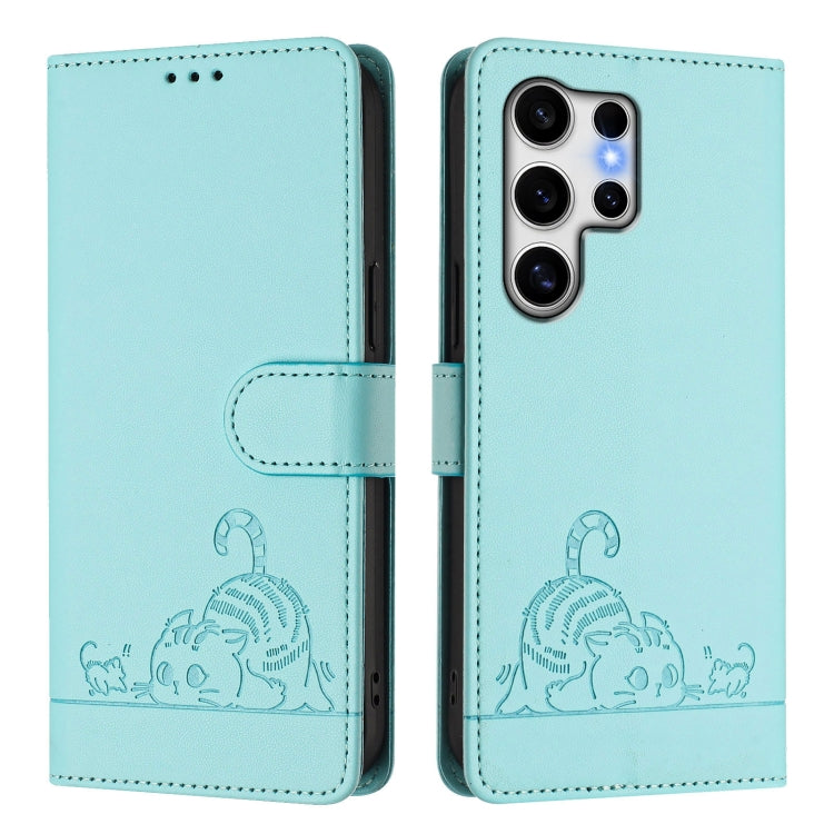 For Samsung Galaxy S25 Ultra 5G Cat Rat Embossed RFID Leather Phone Case with Lanyard(Mint Green) - free shipping - PMC TechLife - Order now!