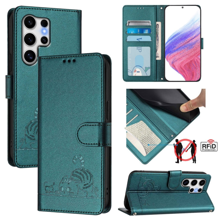 For Samsung Galaxy S25 Ultra 5G Cat Rat Embossed RFID Leather Phone Case with Lanyard(Peacock Green) - Galaxy S25 Ultra 5G Cases by PMC TechLife | Online Shopping South Africa | PMC TechLife | Buy Now Pay Later Mobicred
