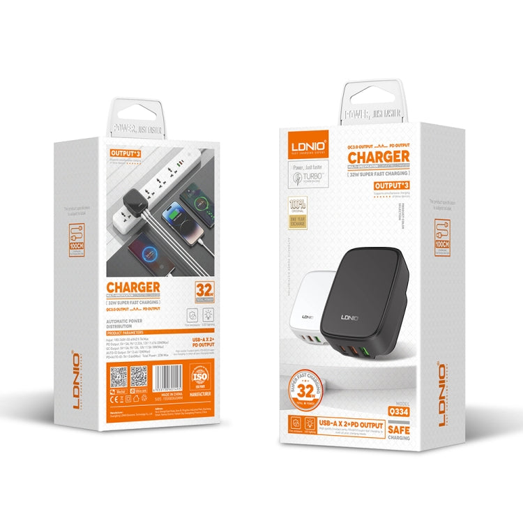 LDNIO Q334 32W Type-C + Dual USB Port Charger with 1m 8 Pin Data Cable, Plug Type:UK Plug(White) - free shipping - PMC Jewellery - Order now!