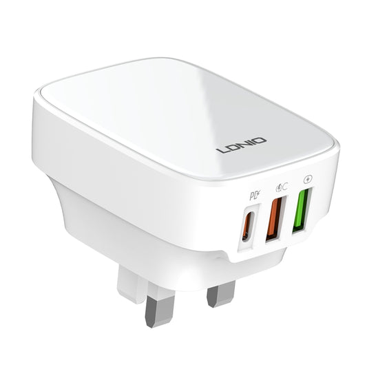 LDNIO Q334 32W Type-C + Dual USB Port Charger with 1m USB-C / Type-C to 8 Pin Data Cable, Plug Type:UK Plug(White) - USB Charger by LDNIO | Online Shopping South Africa | PMC Jewellery | Buy Now Pay Later Mobicred