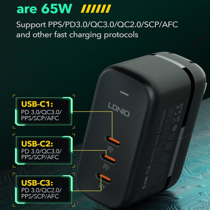 LDNIO Q367 65W GaN 3 x USB-C / Type-C Interface Charger with 1m USB-C / Type-C to USB-C / Type-C Data Cable, Plug Type:UK Plug(Black) - USB Charger by LDNIO | Online Shopping South Africa | PMC Jewellery | Buy Now Pay Later Mobicred