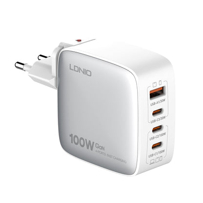 LDNIO Q408 100W GaN USB+3 USB-C / Type-C Interface Charger with 1m 100W USB-C / Type-C to USB-C / Type-C Data Cable, Plug Type:EU Plug(White) - USB Charger by LDNIO | Online Shopping South Africa | PMC Jewellery | Buy Now Pay Later Mobicred