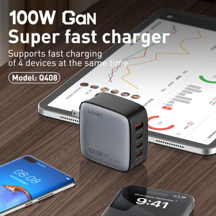 LDNIO Q408 100W GaN USB+3 USB-C / Type-C Interface Charger with 1m 100W USB-C / Type-C to USB-C / Type-C Data Cable, Plug Type:EU Plug(Black) - free shipping - PMC Jewellery - Order now!