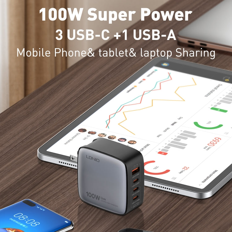 LDNIO Q408 100W GaN USB+3 USB-C / Type-C Interface Charger with 1m 100W USB-C / Type-C to USB-C / Type-C Data Cable, Plug Type:EU Plug(Black) - free shipping - PMC Jewellery - Order now!
