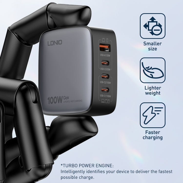LDNIO Q408 100W GaN USB+3 USB-C / Type-C Interface Charger with 1m 100W USB-C / Type-C to USB-C / Type-C Data Cable, Plug Type:EU Plug(Black) - free shipping - PMC Jewellery - Order now!