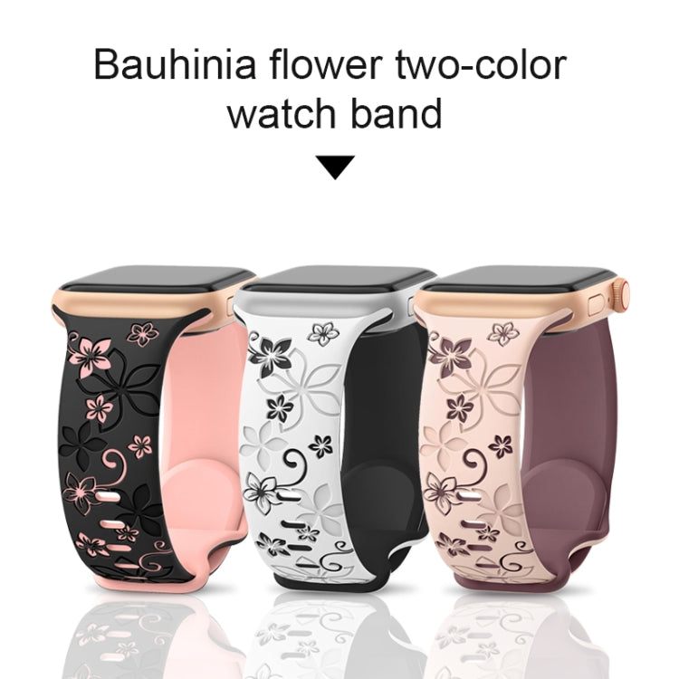 For Apple Watch SE 2023 44mm Bauhinia Two-color Embossed Silicone Watch Band(White Black) - Watch Bands by PMc TechLife | Online Shopping South Africa | PMc TechLife | Buy Now Pay Later Mobicred