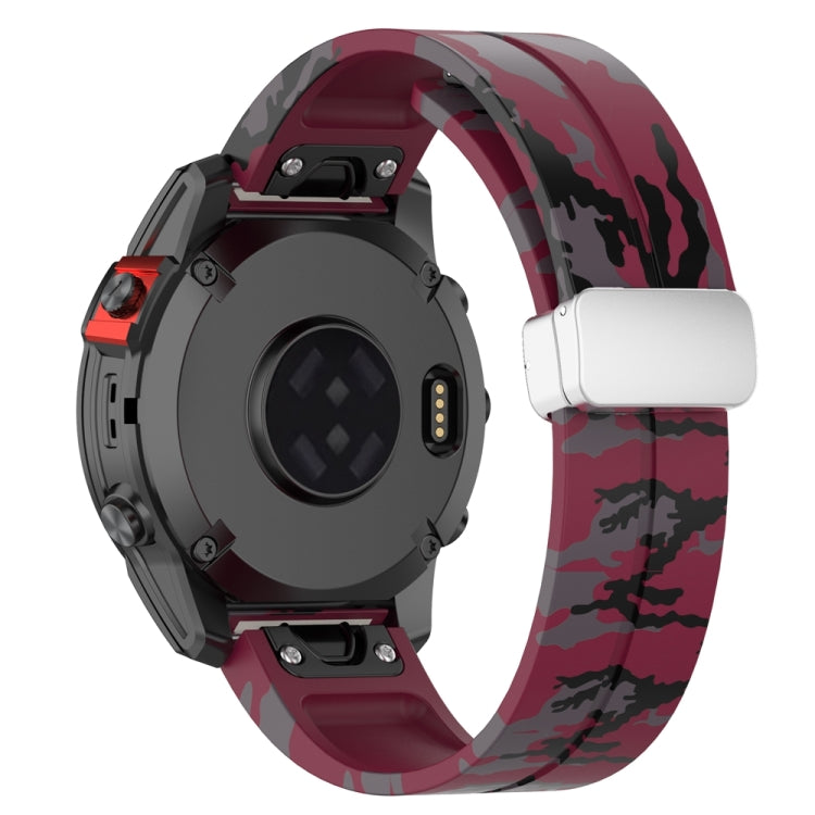 For Garmin Fenix 7S Magnetic Folding Silver Buckle Color Printed Silicone Watch Band(Camouflage Wine Red) - free shipping - PMC TechLife - Order now!