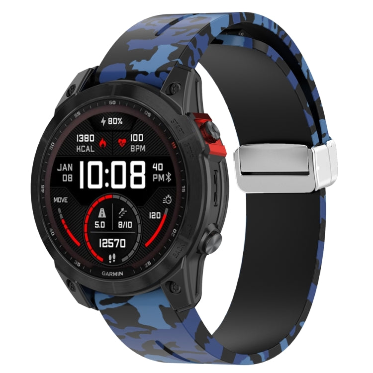 For Garmin Fenix 7S Magnetic Folding Silver Buckle Color Printed Silicone Watch Band(Camouflage Blue) - free shipping - PMC TechLife - Order now!