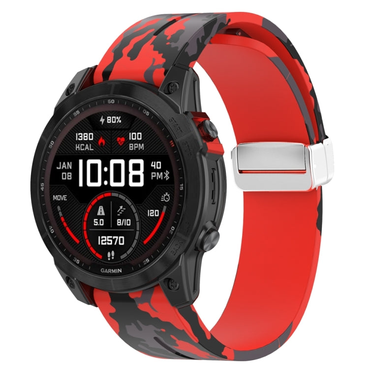 For Garmin Fenix 7 Magnetic Folding Silver Buckle Color Printed Silicone Watch Band(Camouflage Red) - free shipping - PMC TechLife - Order now!