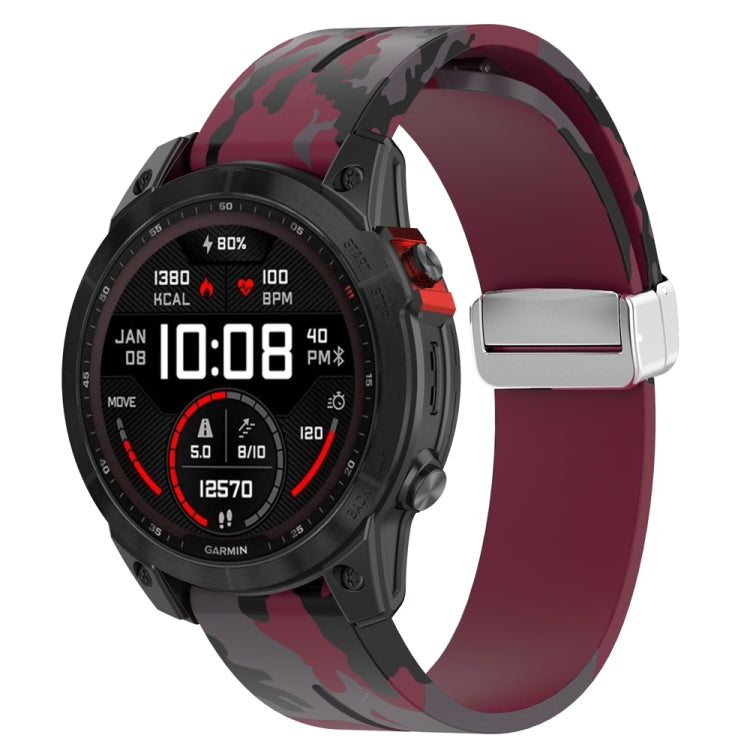 For Garmin Fenix 7 Magnetic Folding Silver Buckle Color Printed Silicone Watch Band(Camouflage Wine Red) - free shipping - PMC TechLife - Order now!