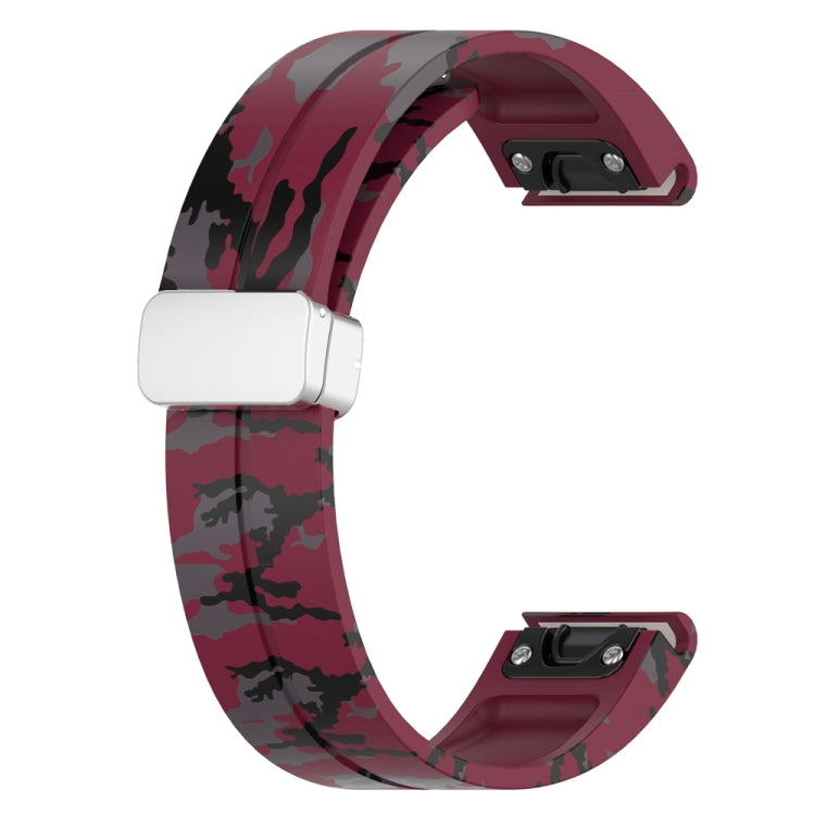 For Garmin Fenix 7 Magnetic Folding Silver Buckle Color Printed Silicone Watch Band(Camouflage Wine Red) - free shipping - PMC TechLife - Order now!