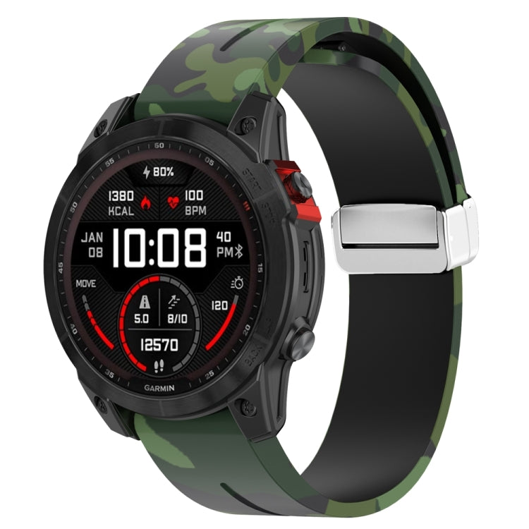 For Garmin Fenix 7X Magnetic Folding Silver Buckle Color Printed Silicone Watch Band(Camouflage Green) - free shipping - PMC TechLife - Order now!