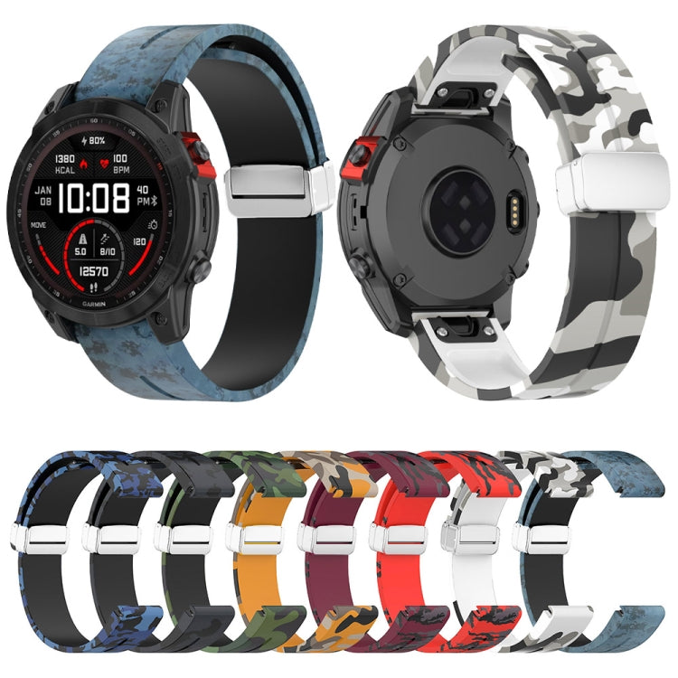 For Garmin Fenix 7 Magnetic Folding Silver Buckle Color Printed Silicone Watch Band(Camouflage Blue) - free shipping - PMC TechLife - Order now!